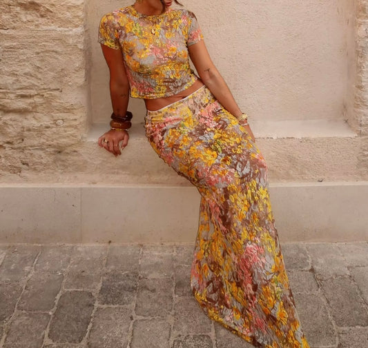 Stella Lace Printed See through top and skirt set.