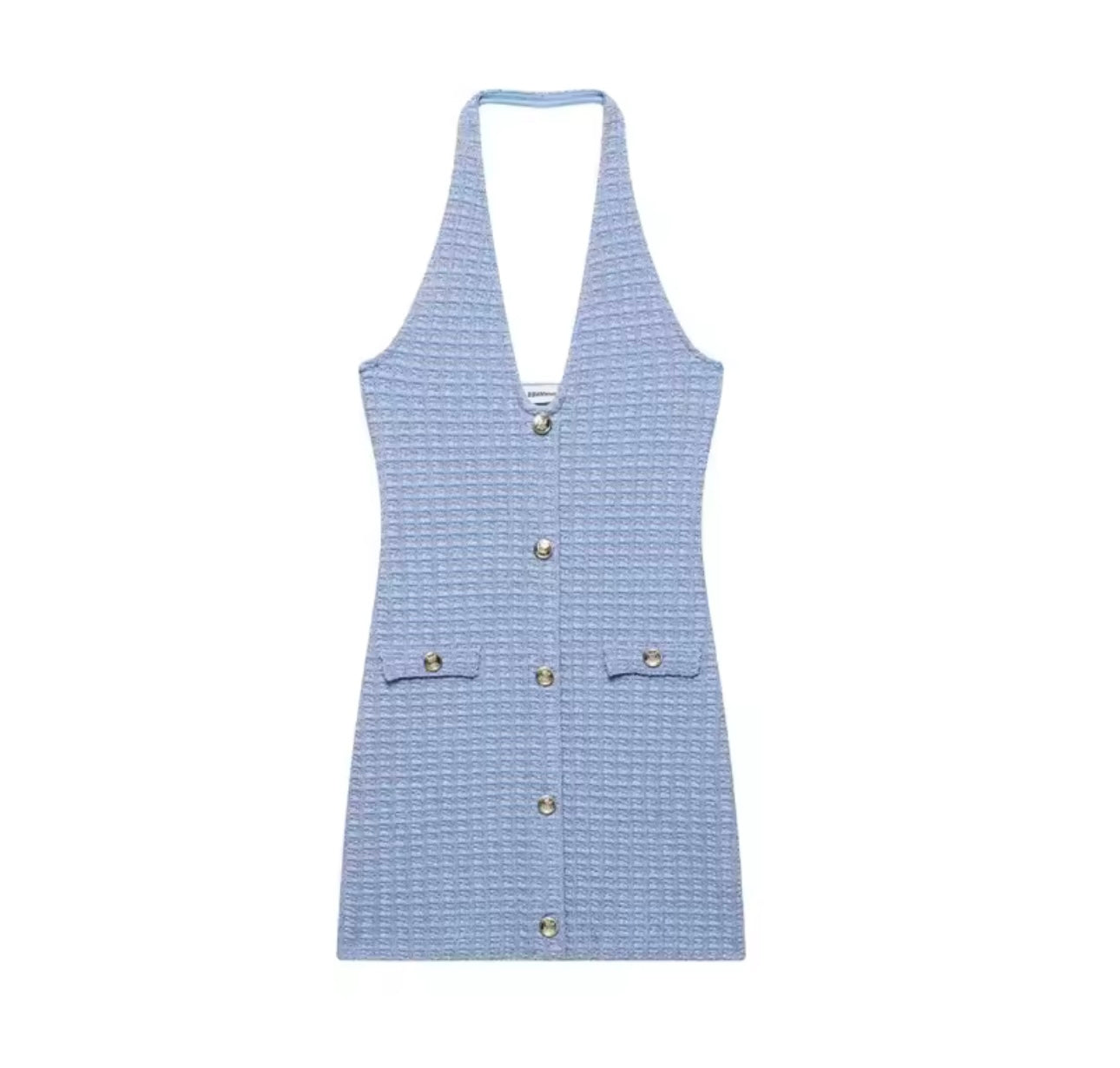 Agatha Halterneck Gold Button detail soft blue Dress
